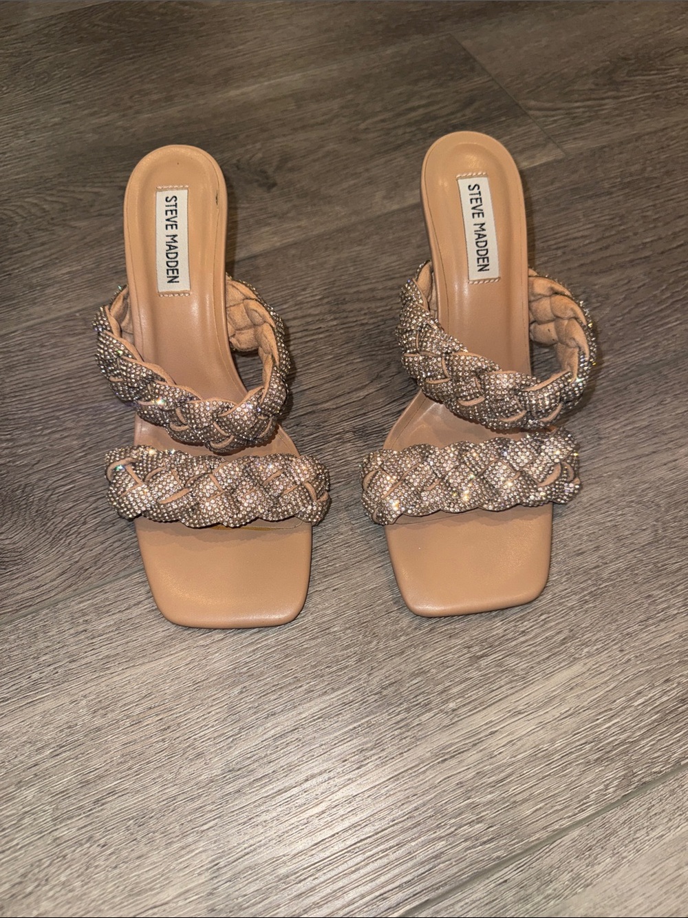 Steve Madden Dymes Tan Braided Slide Sandals with Sparkle heels Size 8